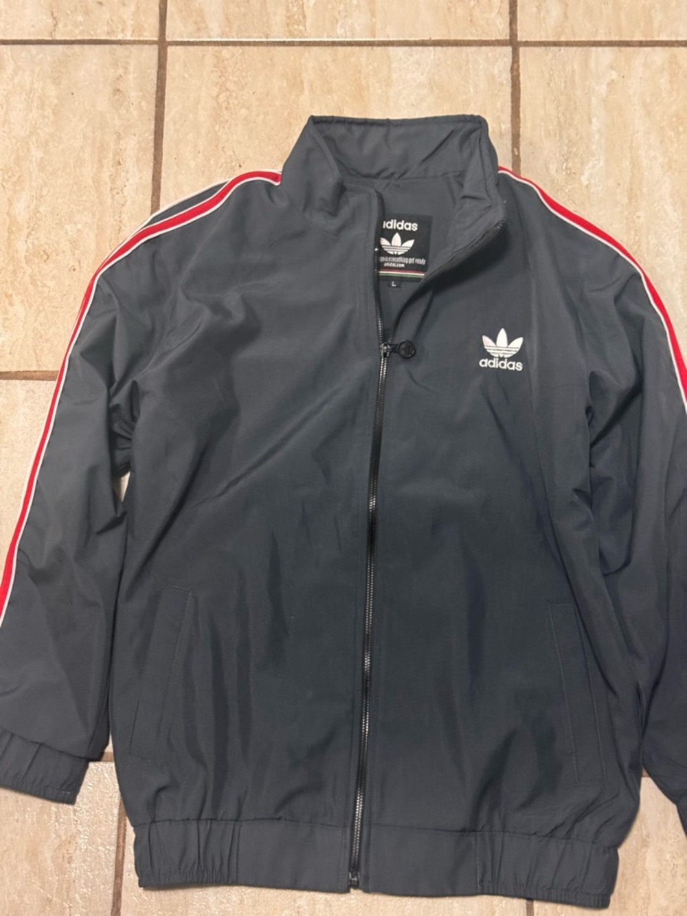adidas Black Windbreaker Jacket with Red and White Shoulder Stripes